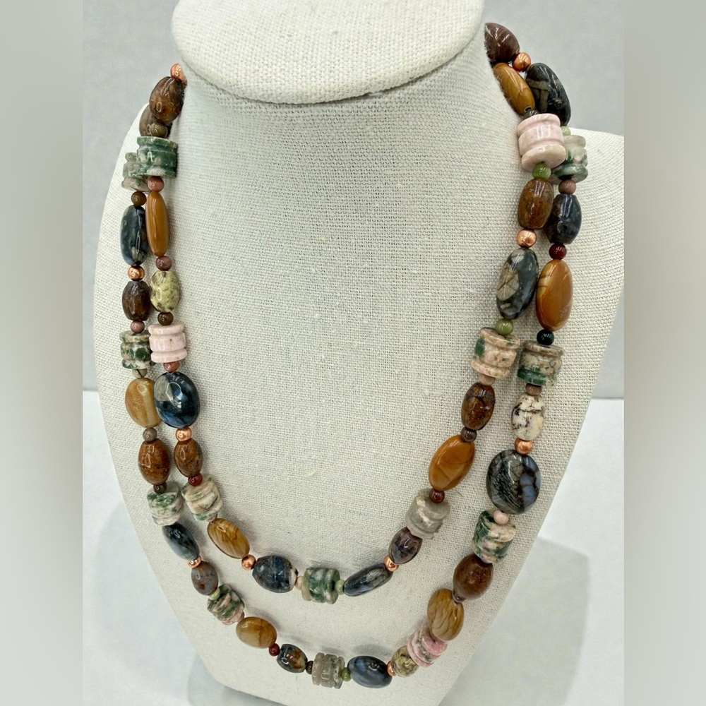 40” Multi Color Jasper Necklace Copper Beads Boho Statement Southwest Style 127g